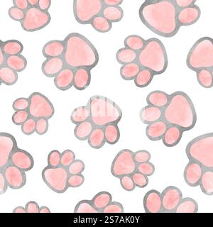 Paws print seamless pattern. Vector background with watercolor cat paws Stock Vector