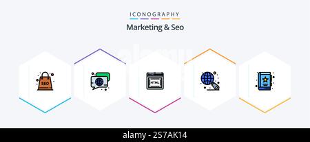 Marketing And Seo 25 FilledLine icon pack including business. book. talk. search. globe Stock Vector