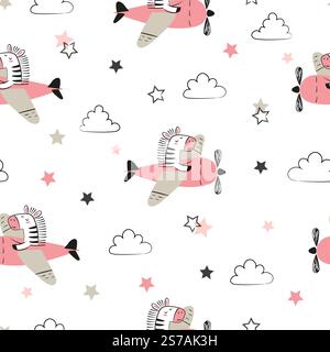 Seamless pattern with cute zebra on plane. Baby print with cartoon pilot Stock Vector