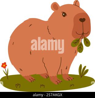 Funny capybara. Exotic rodent eating leaves. Hand drawn vector illustration Stock Vector