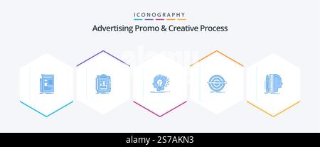 Advertising Promo And Creative Process 25 Blue icon pack including pencil. design. work. thinking. head Stock Vector