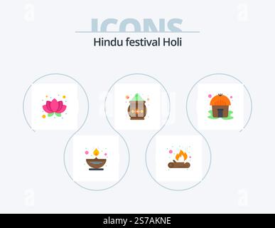 Holi Flat Icon Pack 5 Icon Design. . tent. nature. hut. pot Stock Vector