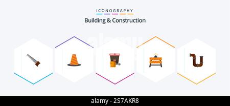 Building And Construction 25 Flat icon pack including stop. barrier. roadblock. brush. bucket Stock Vector