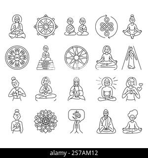 Buddhism line icons set. Vector isolated element. Editable stroke. Stock Vector