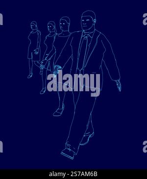 Group of people are walking down a street. The man is wearing a suit and tie. The woman is wearing a dress. The image is in blue Stock Vector