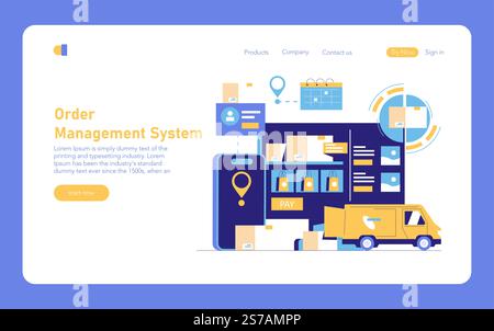 Logistics Automation concept. Digital management of orders through a streamlined system. Seamless tracking, payment, and delivery execution. Vector illustration. Stock Vector