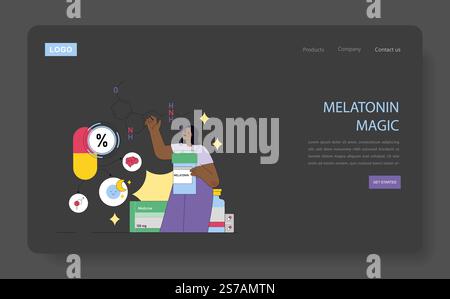 Sleepmaxxing concept. An engaging illustration of a person promoting the benefits of melatonin with chemical structure and icons. Informative, health-focused design. Vector illustration. Stock Vector