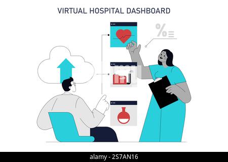 Automation in healthcare concept. Professionals interact with virtual hospital dashboard for efficient patient care management. Vector illustration. Stock Vector