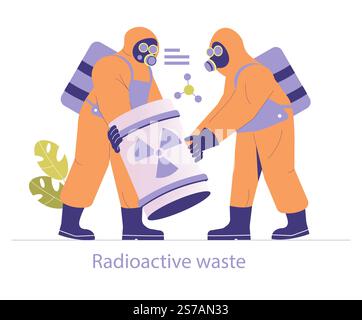 Nuclear power concept. Workers in hazmat suits handle radioactive waste, ensuring safe disposal. Safety and environmental protection in energy industry. Vector illustration. Stock Vector