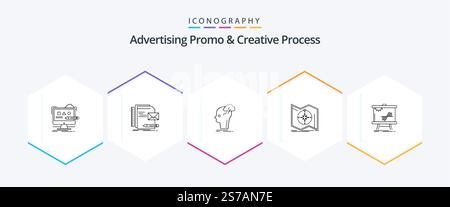 Advertising Promo And Creative Process 25 Line icon pack including map. direction. letter. thinking. head Stock Vector
