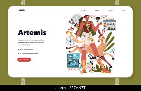 Olympic Gods Synergy AI concept. Illustration merges technology with Artemis, depicting her with AI and modern devices. Ancient meets innovation in a playful design. Vector illustration. Stock Vector