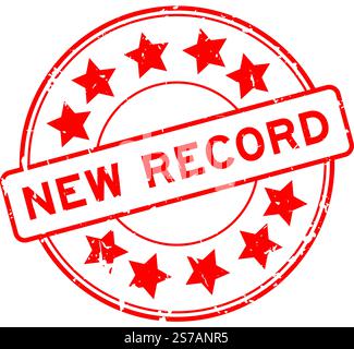 Grunge red new record word round rubber seal stamp on white background Stock Vector