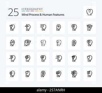 Mind Process And Human Features 25 Line icon pack including mind. brain. transform. <Layer>. human Stock Vector