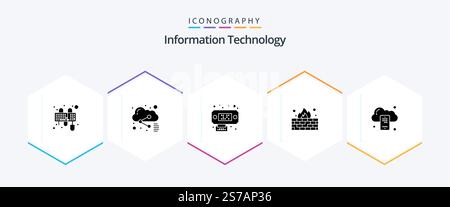 Information Technology 25 Glyph icon pack including mobile. backup. connection. protection. firewall Stock Vector