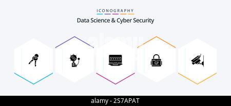 Data Science And Cyber Security 25 Glyph icon pack including camera. security. intruder. padlock. security Stock Vector