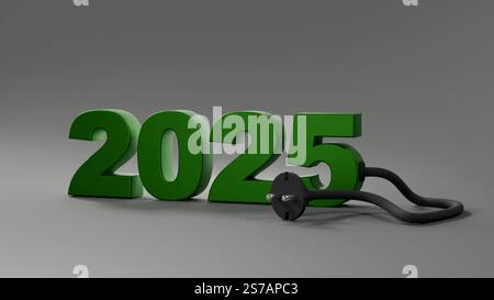 Green 3D model of 2025 with wire and electric plug on dark background, electricity and electrical appliances in new year 2025 Stock Photo