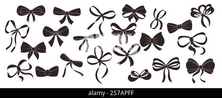 A simple collection of hand drawn ribbon bows. Decorating bow, black silhouettes, large set Stock Vector