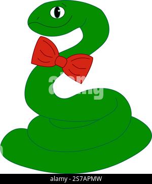 Vector illustration of a cute snake in red ribbon bow. graphic line Snake, Year of the Snake, White Snake, New Year's decorations, New Year's card Stock Vector