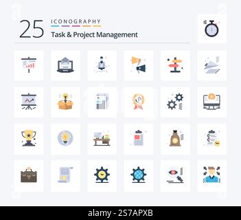 Task And Project Management 25 Flat Color icon pack including airplane. navigation. rocket. direction. speaker Stock Vector