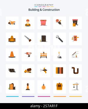 Creative Building And Construction 25 Flat icon pack  Such As blade. power. supervisor. circular saw. water Stock Vector