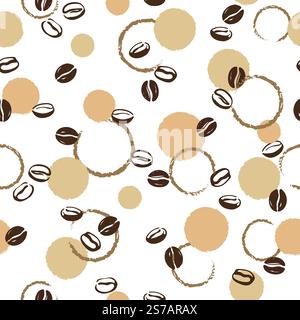 Seamless abstract coffee pattern with doodle coffee beans and circles Stock Vector