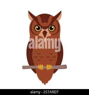 Cute brown owl sitting on tree branch. Clipart character, Wild animal, avian, bird. Vector Stock Vector