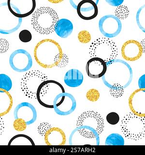 Seamless abstract pattern with blue and golden circles. Vector background with round shapes Stock Vector