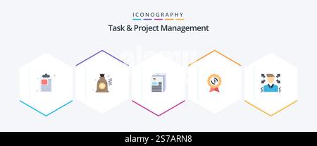 Task And Project Management 25 Flat icon pack including profile. businessman. file. medal. award badge Stock Vector