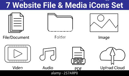 7 website file and media icons set Stock Vector