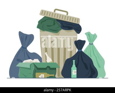 Trash Can with Pile of Garbage Bags for Scattered Trash Concept Illustration Stock Vector