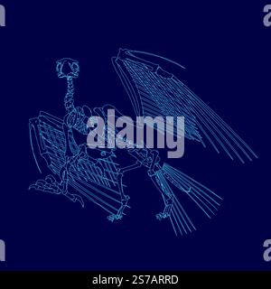 Blue drawing of a skeleton bird with a skull on its head. The skeleton is drawn in a way that it looks like it is flying Stock Vector