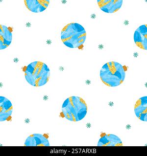 Christmas balls seamless pattern. Holiday background, wrapping paper or fabric design in blue and golden colors Stock Vector