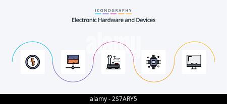 Devices Line Filled Flat 5 Icon Pack Including electronic. devices. signal. chip. equipment Stock Vector