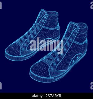 Pair of blue sneakers with a blue background. The sneakers are shown in a 3D style Stock Vector