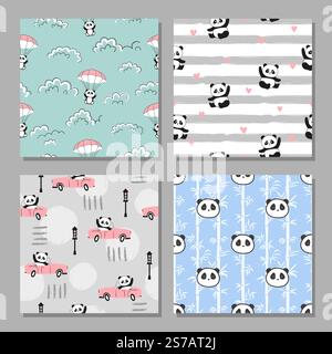Set of cute panda bears seamless patterns. Vector print for kids Stock Vector