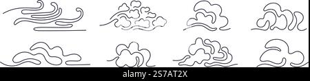 Continuous line clouds in the sky. Abstract set in simple linear design. Vector illustraton. Cloudy weather, metcast Stock Vector