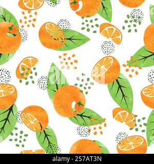 Seamless watercolor orange fruit pattern with fruit slices and leaves Stock Vector