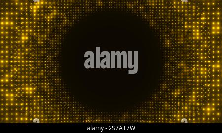 Gold glowing grid with a radiant effect, forming a dark circle in the center. Stock Vector