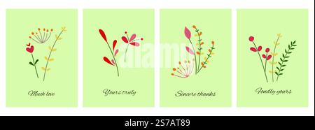 Set of floral greeting cards in flat style. Floral greeting cards with inscriptions. Flowers and leaves. Stock Vector