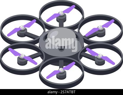 Modern hexacopter drone with six purple propellers spinning, hovering in the air, providing aerial photography and videography capabilities for variou Stock Vector