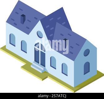 Isometric vector illustration representing a modern house with blue tiled roof. Arched windows and chimneys. Ideal for architectural projects. Real es Stock Vector