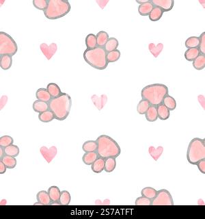 Paws print seamless pattern. Vector background with watercolor cat paws and hearts Stock Vector