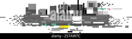 Pixelated cityscape dissolving into digital artifacts with colorful glitches, representing urban decay, technological disruption, or data corruption Stock Vector