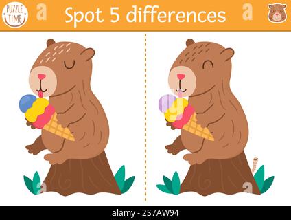 Find differences game for children. Capybara educational activity with cute animal sitting on stump, eating ice-cream. Puzzle for kids with capibara. Stock Vector