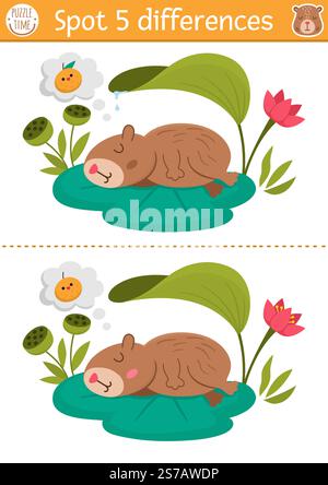 Find differences game for children. Capybara educational activity with cute animal sitting on water lily pad. Puzzle for kids with capibara. Printable Stock Vector