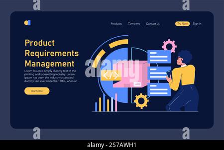 Product Requirements Management concept. Professional handling project specifications with technology interface. Organizing tasks, coding, data analysis. Vector illustration. Stock Vector