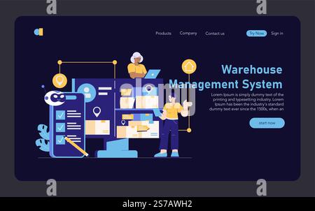 Logistics Automation concept. A streamlined digital warehouse management system with workers using technology. Inventory tracking and artificial intelligence. Vector illustration. Stock Vector