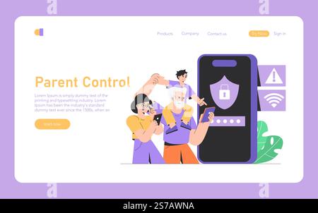 Parental Control concept. Family uses devices with security measures to ensure safe internet browsing. Online protection, secure web navigation. Vector illustration. Stock Vector