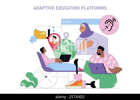 Adaptive Education Platforms concept. Diverse students engaging in online learning across the globe. Inclusive digital classroom interaction. Vector illustration. Stock Vector