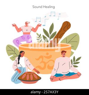 Spiritual Practices concept. People engage in sound healing, with musical notes floating above a Tibetan singing bowl. Meditation and harmony through music. Vector illustration. Stock Vector